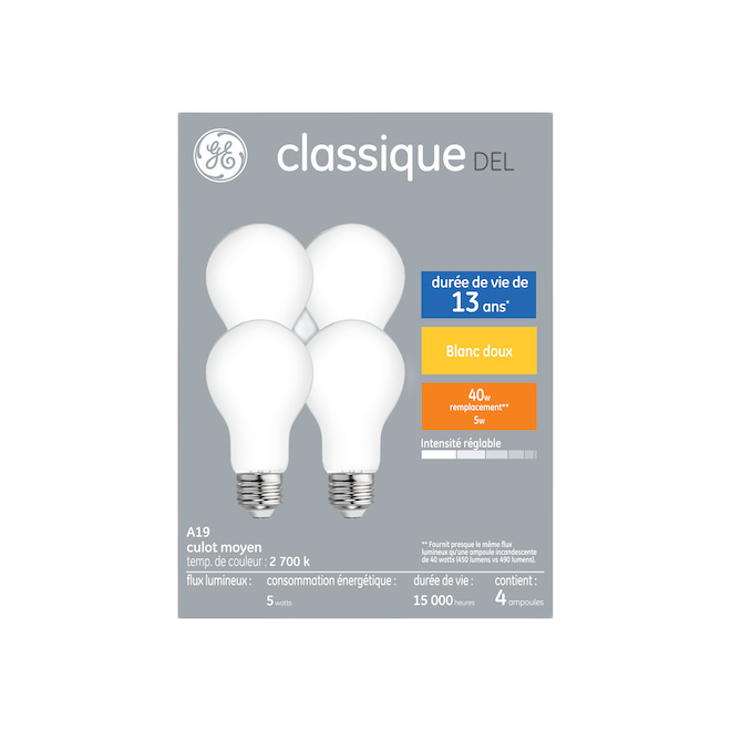 GE A19 LED BULB GLASS SOFT WHITE 5W-4/PK