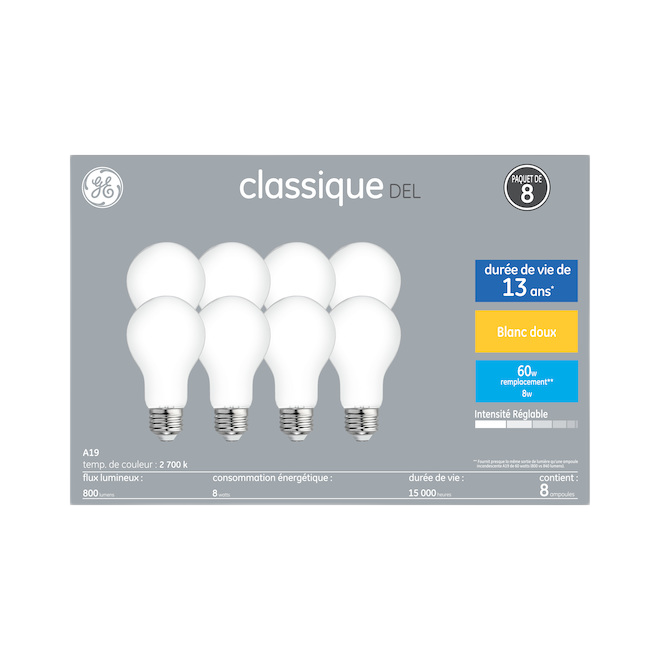 GE A19 LED BULB PL/DIMMABLE SOFT WHITE 8W 8/PK