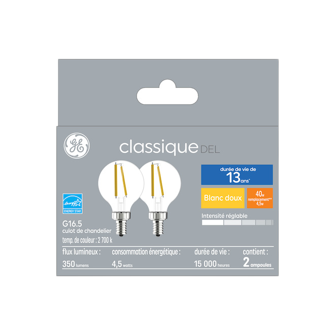 GE LIGHTING G160 CAC LED BULB GLASS SOFT WHITE 4W-2/PK