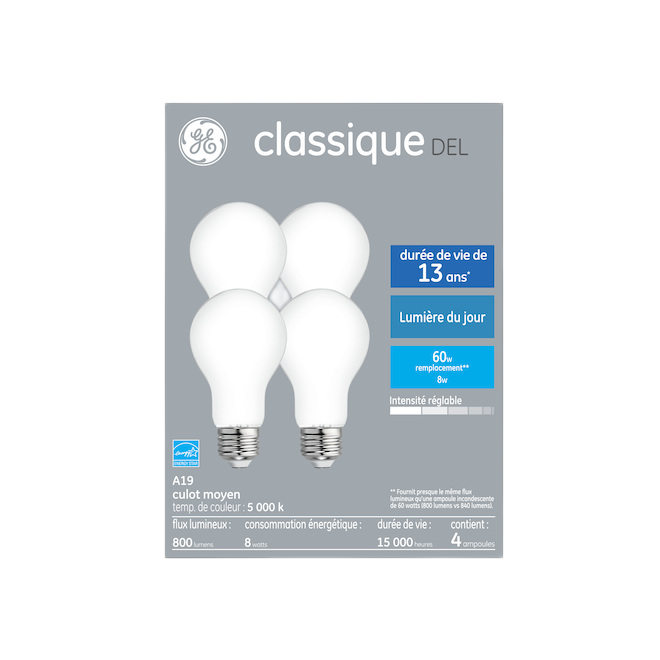 GE A19 LED BULB GL/ DIMMABLE DAY LIGHT 8W 4/PK