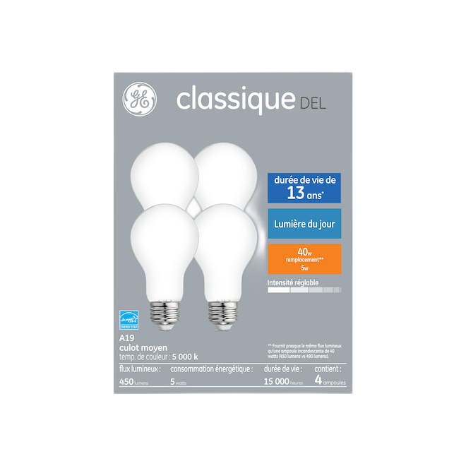 GE A19 LED BULB GL/ DIMMABLE DAY LIGHT 5W 4/PK