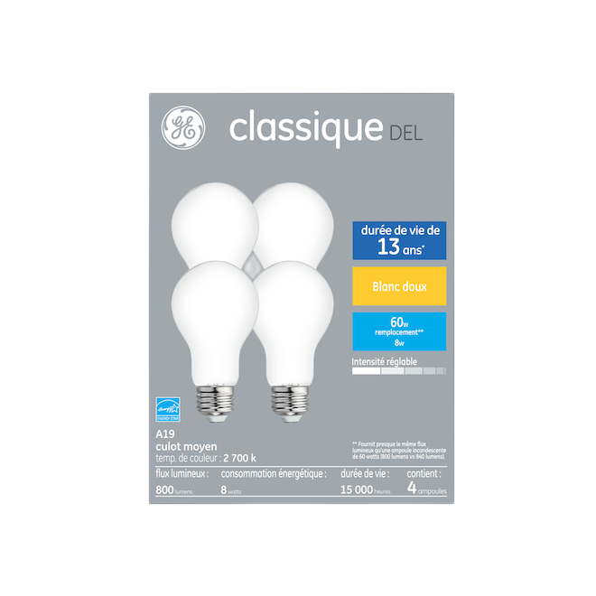 GE A19 LED BULB GL/ DIMMABLE SOFT WHITE 8W 4/PK