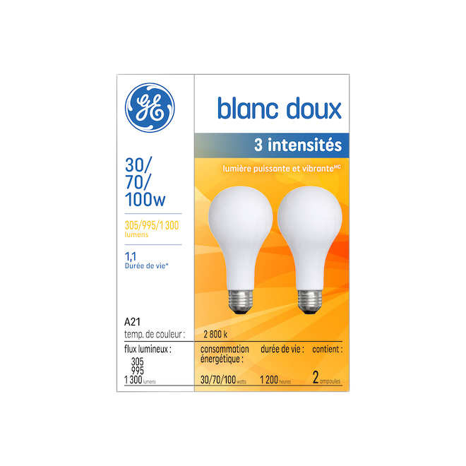 GE A21 3-WAY INCANDESCENT BULB GLASS FROST.GLASS 30-70-100W 2/PK