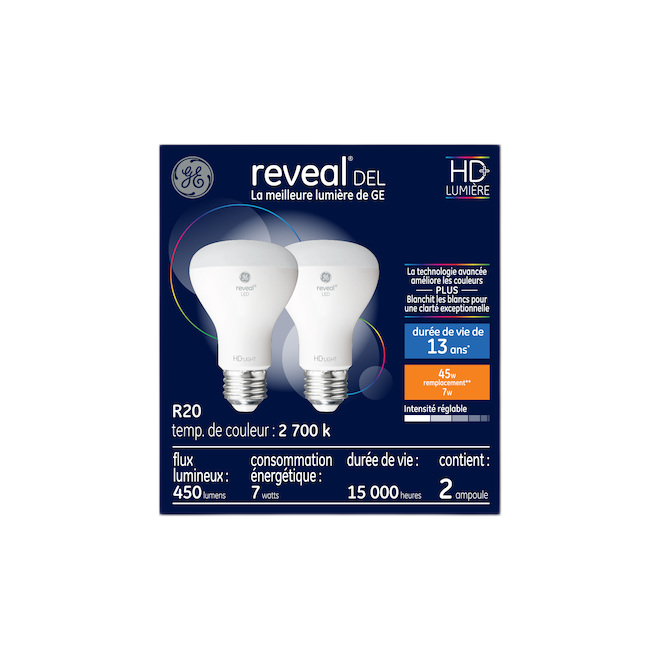 REVEAL R20 LED BULB GLASS CLEAR 45W-2/PK