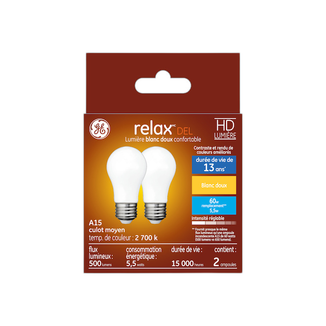 GE A15 LED BULB GLASS SOFT WHITE 5.5W-2/PK