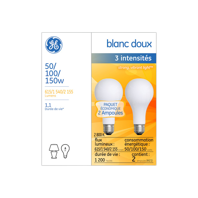 GE A21 3-WAY INCANDESCENT BULB GLASS/FROST. SOFT WHITE 50-100-150W 2/PK