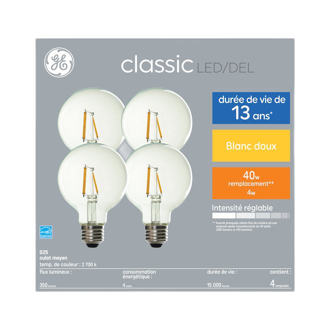 GE G25 LED BULB GLASS SOFT WHITE 4W-4/PK