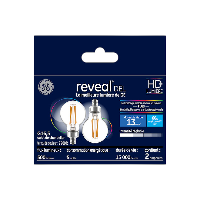 REVEAL G16 LED BULB GLASS CLEAR 5.5W-2/PK