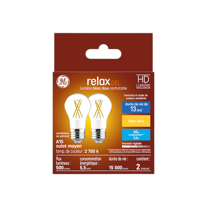 GE A15 LED BULB GLASS SOFT WHITE 5.5W-2/PK