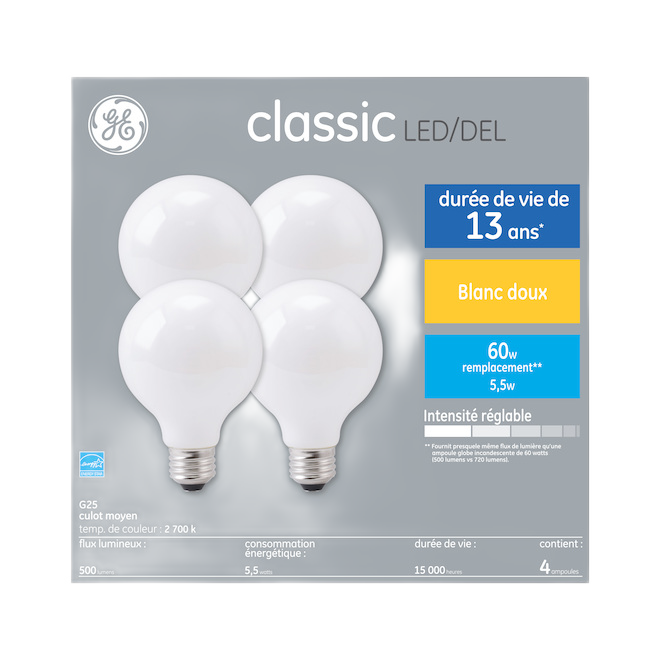 GE G25 FR LED BULB GLASS SOFT WHITE 5W-4/PK