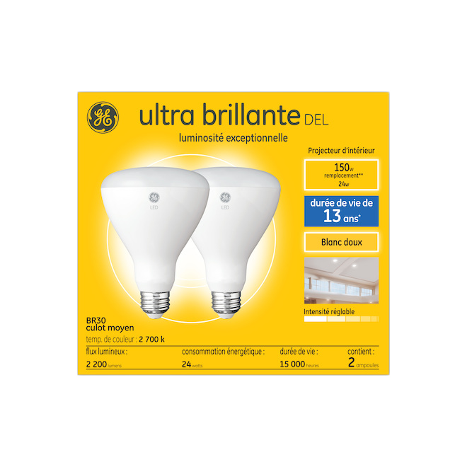 GE BR30 BULB LED GLASS WARM WHITE 150W 2PK