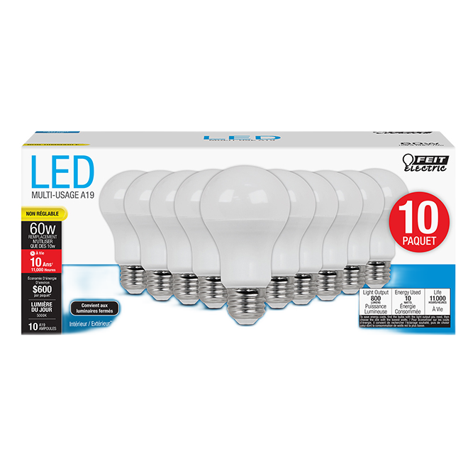 FEIT ELECTRIC A19 LED BULB PLASTIC DAY LIGHT 10PK 60W