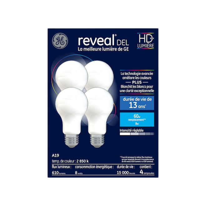 REVEAL A19 LED BULB GLASS CLEAR 8W-4/PK