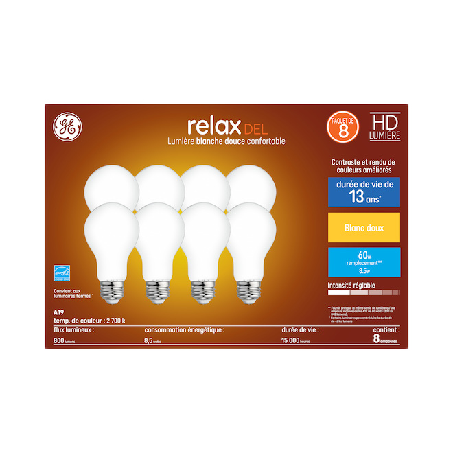 GE A19 LED BULB GLASS SOFT WHITE 9W-8/PK