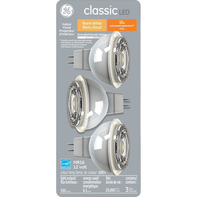 GE MR16 LED BULB GLASS WARM WHITE 6.5W-3/PK