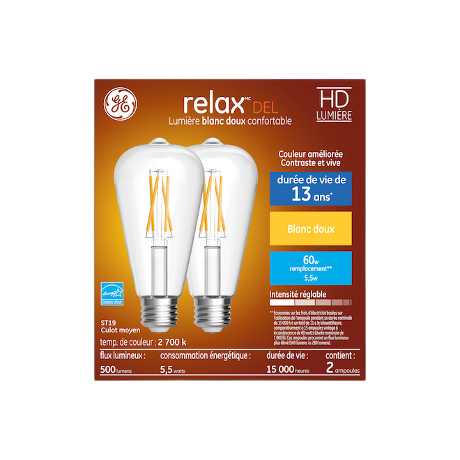 GE ST19 BULB LED GLASS CLEAR 60W 2PK