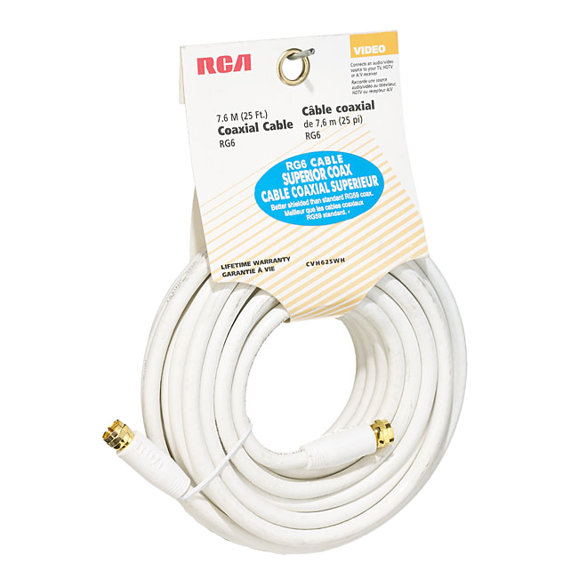 RCA IN/OUTDOOR CABLE COAXIAL RG6 PLAST/METAL WHITE 25'