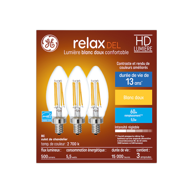 GE B12C LED BULB GLASS SOFT WHITE 6W-3/PK