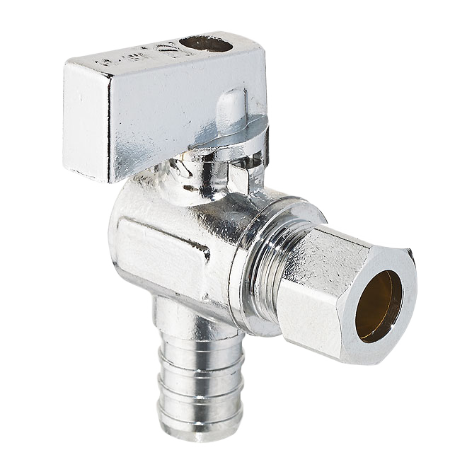 AQUA-DYNAMIC 1/4T ANGLE BALL VALVE NO/LD PX/CMP BRASS 1/2PEXx3/8OD COMP