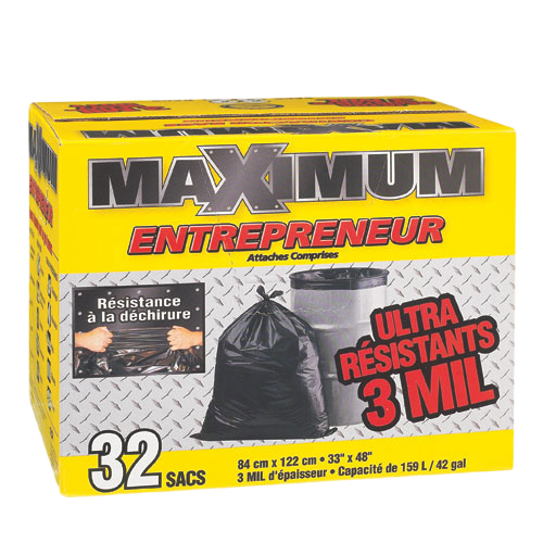 MAXIMUM CONTRACTOR GARBAGE BAGS PLASTIC BLACK 33x48"x3 MILxBT/32