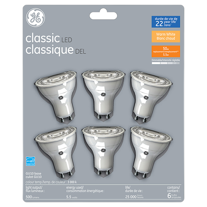 GE GU10 LED BULB GLASS WARM WHITE 50W-6/PK