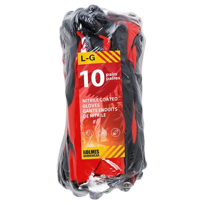 NITRILE COATED GLOVE RED 10PK LG