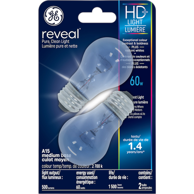 REVEAL A15 INCANDESCENT BULB GLASS CLEAR 60W-2/PK