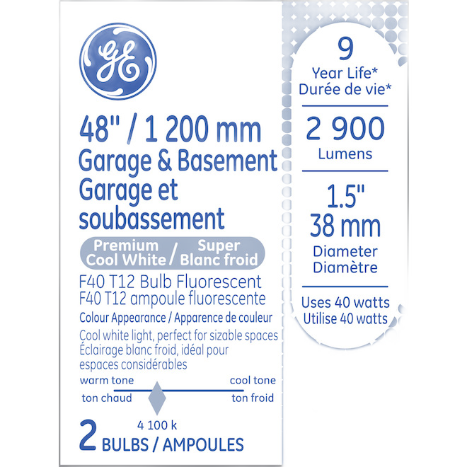 GE F40 T12 FLUORESCENT TUBE GLASS COOL WHITE 40Wx48"-2/PK