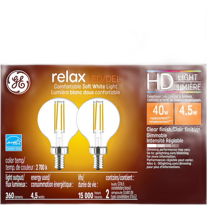 GE G16.5 HD LED BULB GLASS SOFT WHITE 4.5W 2/PK