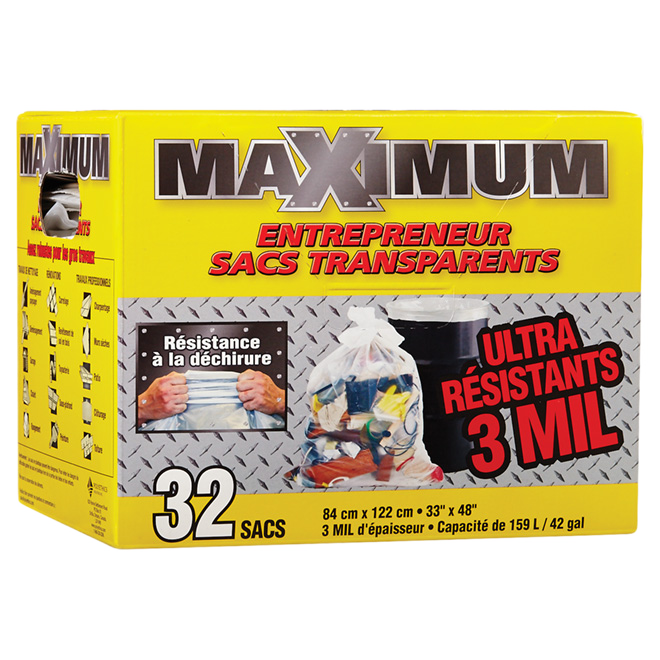 MAXIMUM CONTRACTOR GARBAGE BAG LLDPE RESIN CLEAR 33x48"xBX32