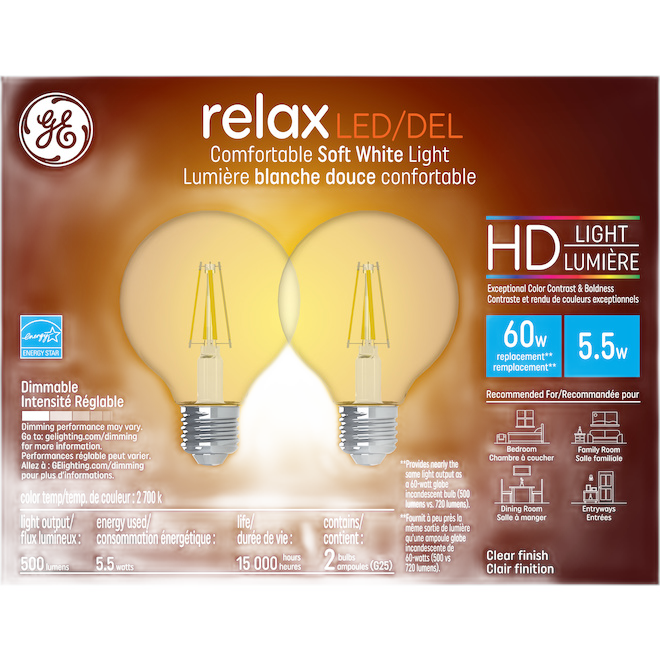 GE G25 HD LED BULB CLEAR GLASS SOFT WHITE 5.5W 2/PK