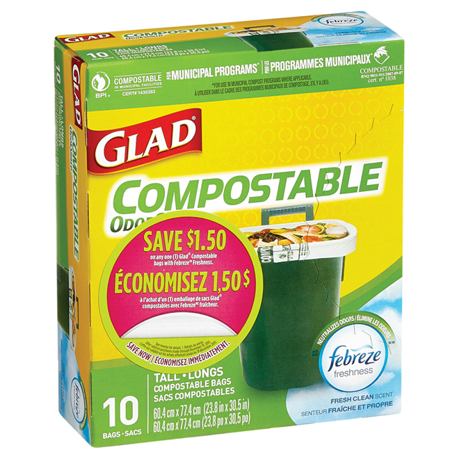 GLAD QUICK-TIE COMPOSTABLE BAG BIODEGRAD. WHITE 23.8x30.5"x10BX