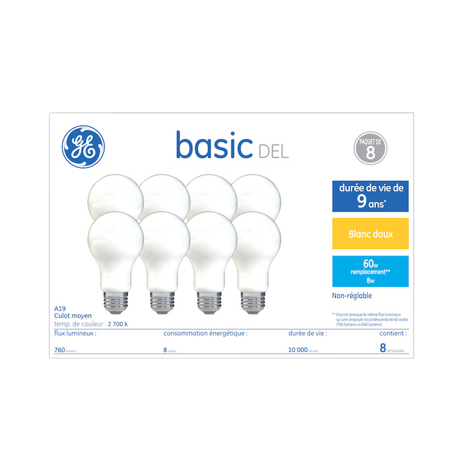 GE A19 LED BULB PLASTIC SOFT WHITE 8.5W-8/PK