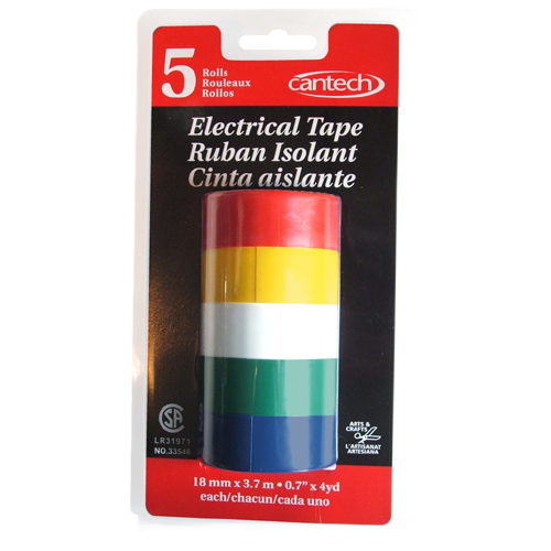 CANTECH ELECTRIC TAPE VINYL ASSORTED 18MMX3.7MXPK/5
