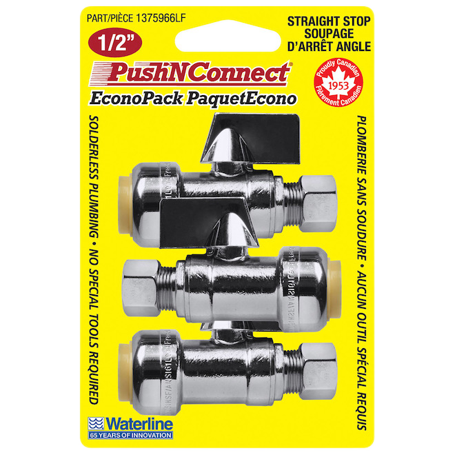 WATERLINE PUSH N CONN. STOP VALVE STRAIGHT 1/2x3/8"