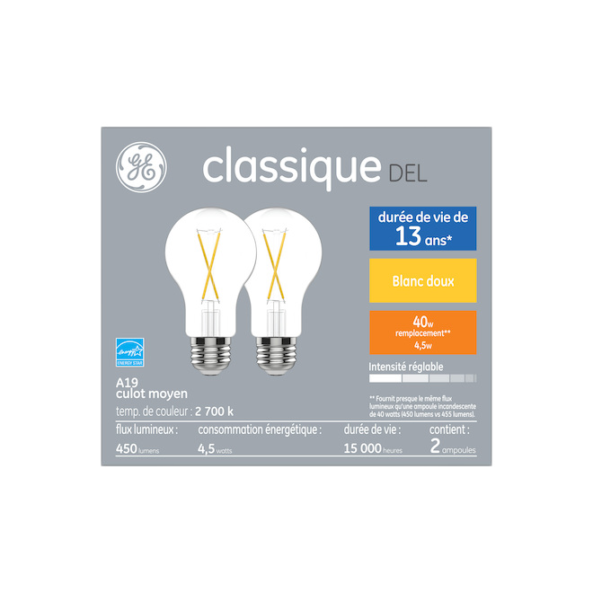 GE A19 LED BULB GLASS SOFT WHITE 4.5W 2/PK