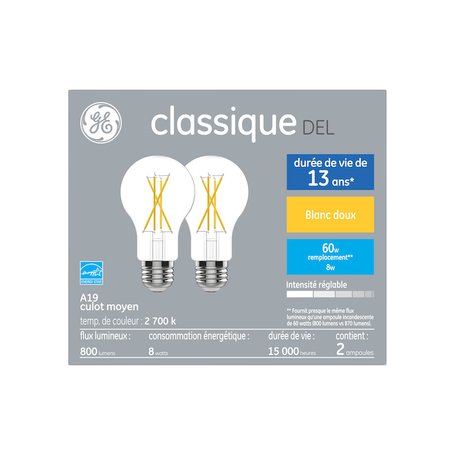 GE A19 LED BULB GLASS SOFT WHITE 7W-2/PK