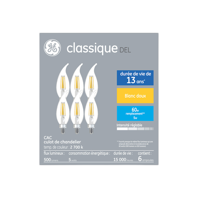 GE LIGHTING CA10C LED BULB GLASS SOFT WHITE 5W-6/PK