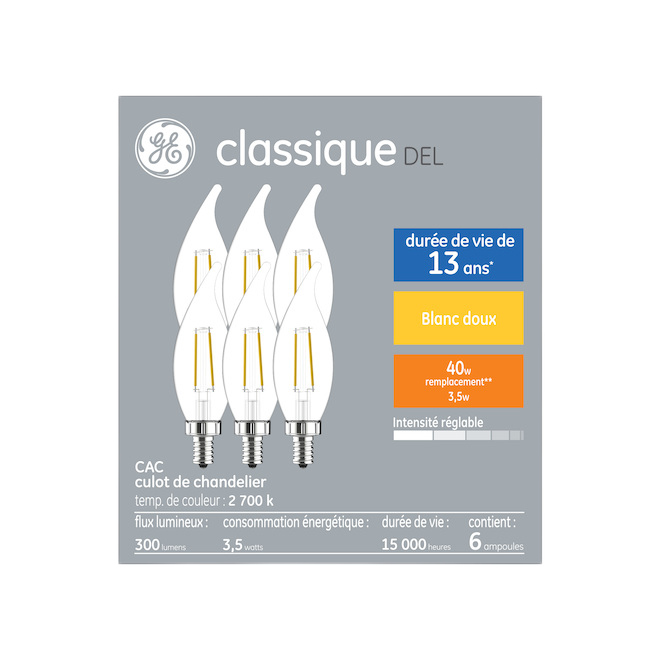 GE LIGHTING CA10C LED BULB GLASS SOFT WHITE 4W-6/PK