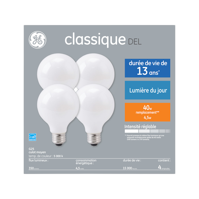 GE G25 BULB LED GLASS DAYLIGHT 40W 4PK