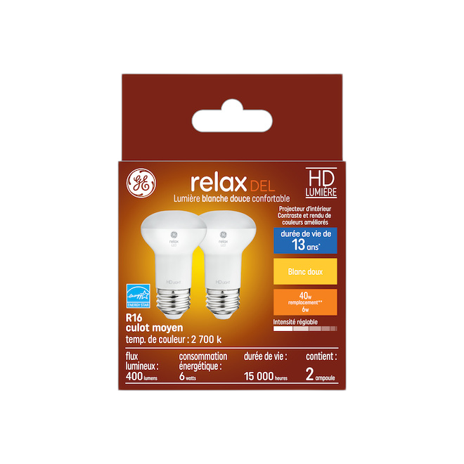 GE R16 LED BULB PLASTIC SOFT WHITE 6W-2/PK