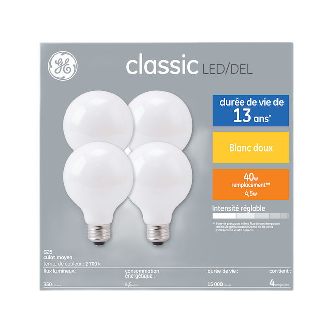 GE G25 FR LED BULB GLASS SOFT WHITE 4W-4/PK