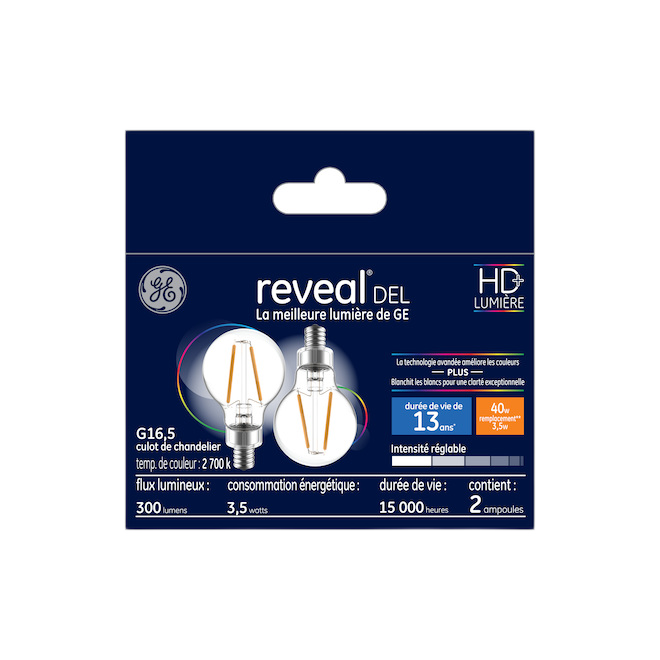 REVEAL G16.5 LED BULB GLASS CLEAR 4.5W-2/PK