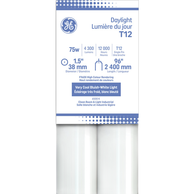 GE T12 1-PIN FLUORESCENT TUBE GLASS DAY LIGHT 75Wx96"-2/PK