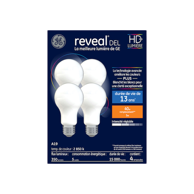 REVEAL A19 LED BULB GL/DIMMABLE 5W 4/PK