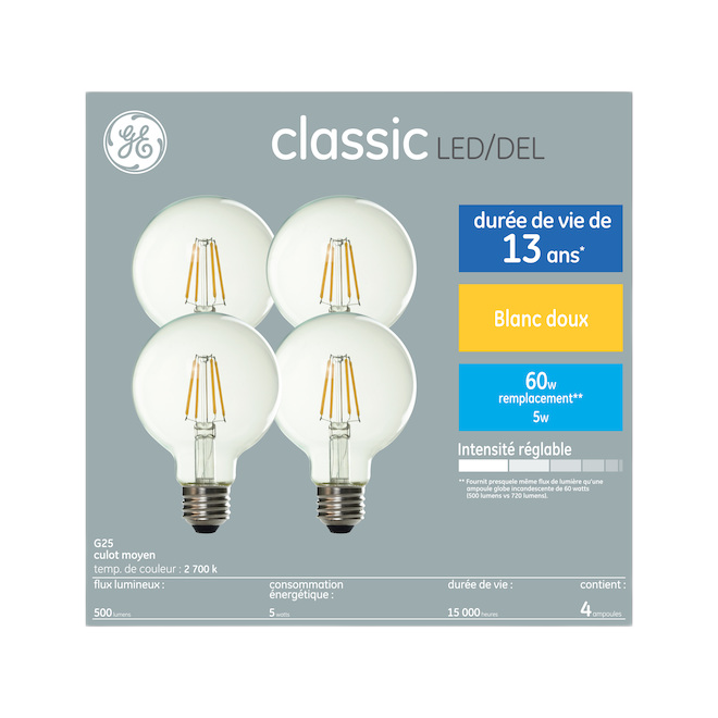 GE LIGHTING G25 LED BULB GLASS SOFT WHITE 5W-4/PK