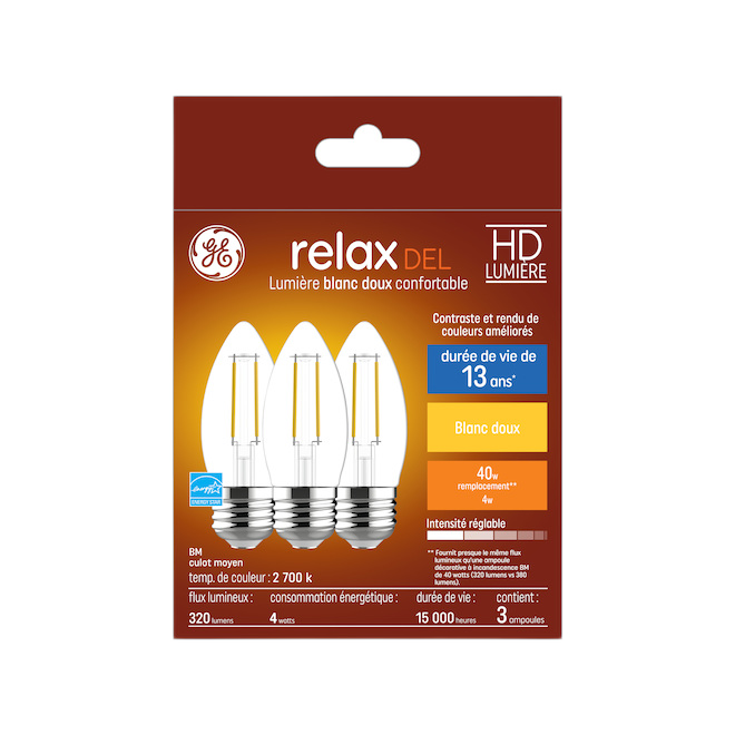 GE BM LED BULB GLASS SOFT WHITE 4W-3/PK