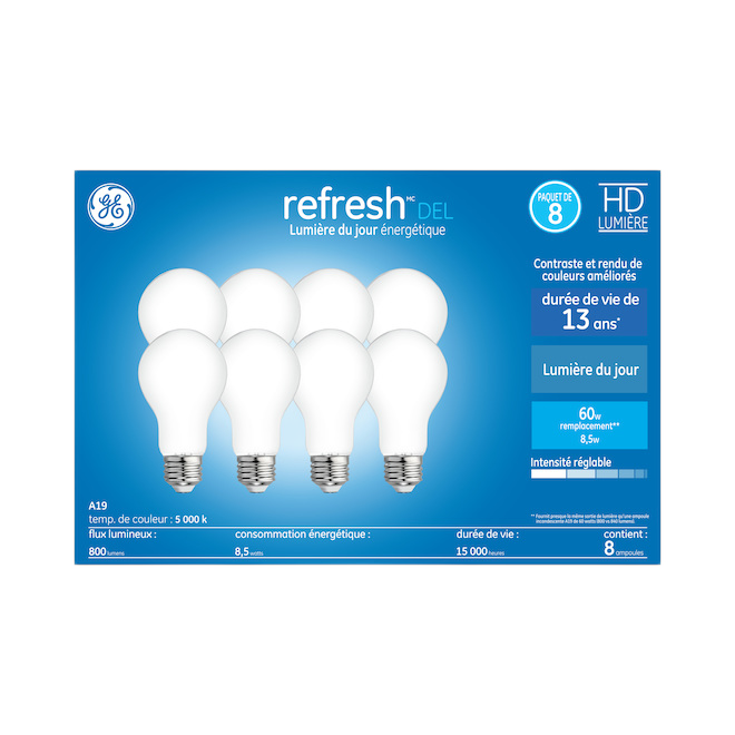 GE A19 LED BULB GLASS DAY LIGHT 8.5W-8/PK