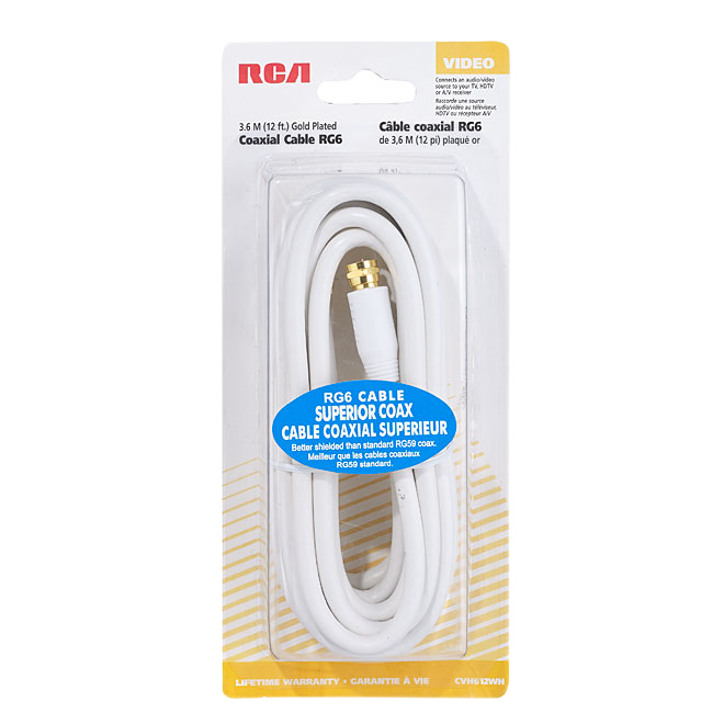RCA IN/OUTDOOR CABLE COAXIAL RG6 PLAST/METAL WHITE 12'