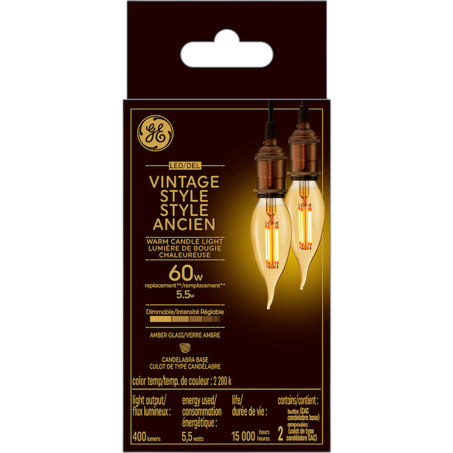 GE CAC VINTAGE LED BULB GLASS CANDLELIGHT 5.5W 2/PK